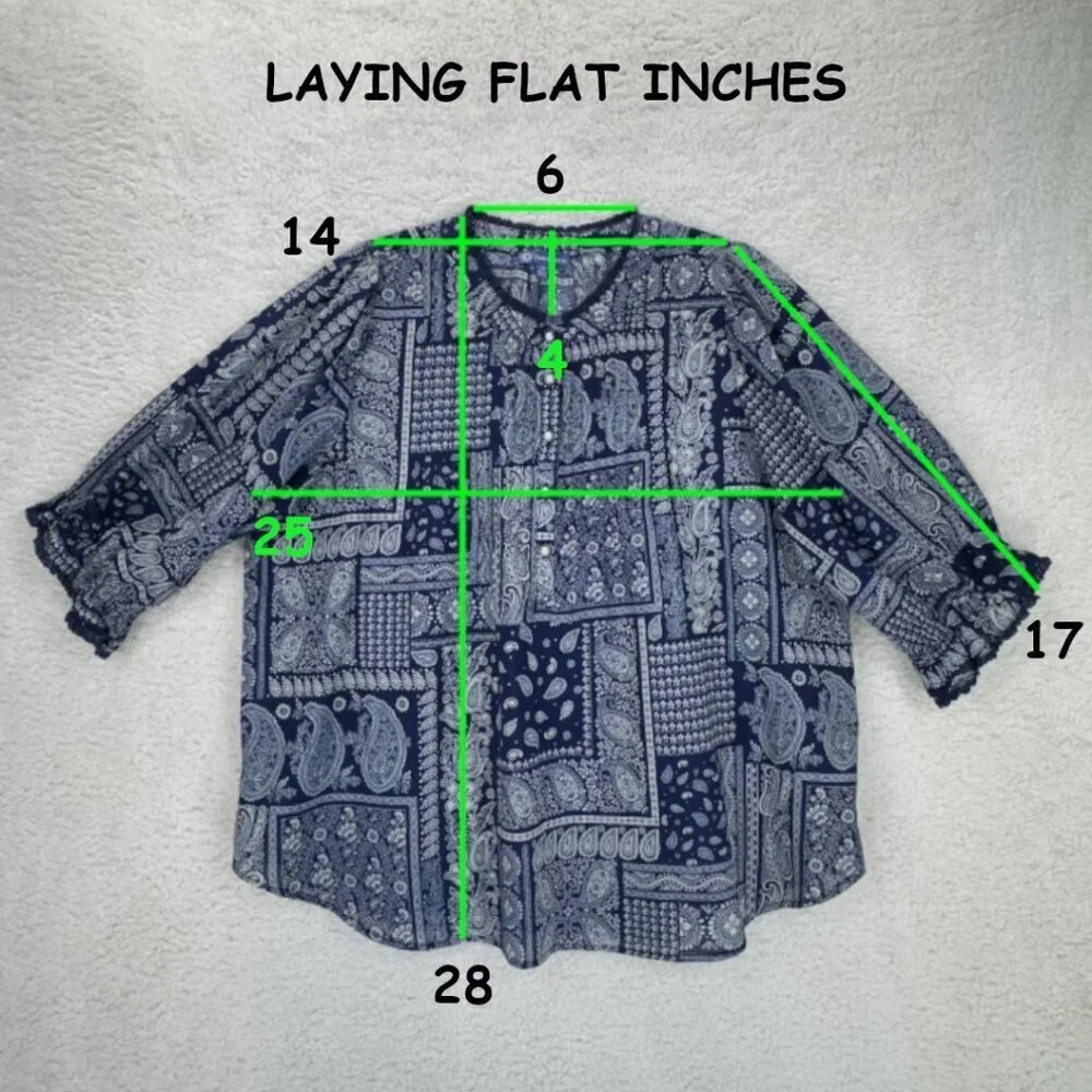 Democracy Top Patchwork Paisley Print Women Sze 1X Blue 3/4 Sleeve Blouse Boho - Picture 3 of 10